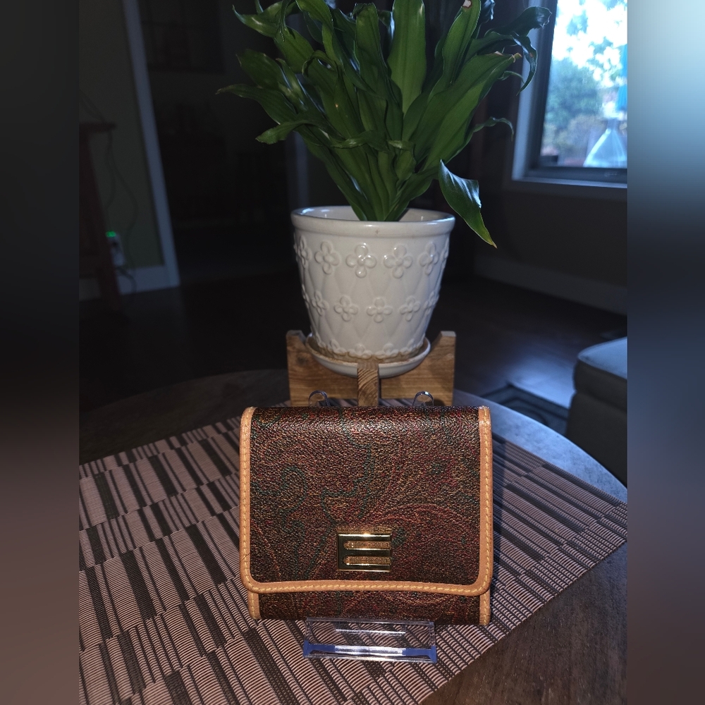 Etro Multicolor Paisley Leather Wallet with Tan Trim